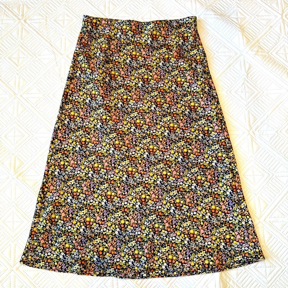 LOFT Floral Midi Skirt in Black with Multicolor Floral Print